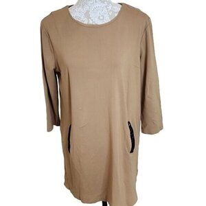 Philosophy Mini Dress Tan 3/4 Sleeves Leather Trimmed Pockets Women's Large